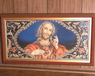 Lot #138 - Vintage Religious Rug Tapestry Wall Art of Jesus Christ with Sacred Heart in Framed Display