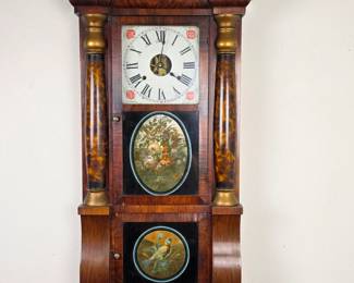 Lot #5 - Antique Seth Thomas Triple Decker Eight-Day Weight Wall Clock with Ornate Floral and Bird Glass Panels