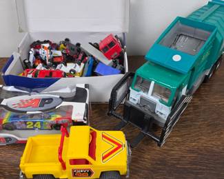 Lot #161 - Tonka Hasbro Garbage & Waste Department Toy Truck with Vintage Chevy 4x4 Yellow Pickup and Diecast Cars Lot