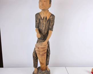 Lot #92 - Vintage Hand-Carved Wooden Folk Art Sculpture of a Man Playing Drum