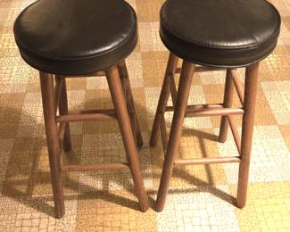 Lot #151 - Vintage Wooden Bar Stools with Black Vinyl Cushioned Seats - Classic Mid-Century Style