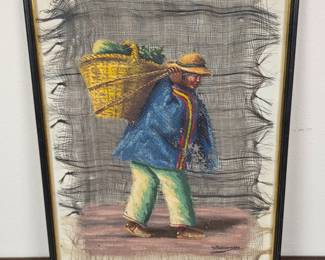 Lot #22 - Vintage Andean Indigenous Figure Painting on Open-Weave Textile – Signed B. Peñaherrera