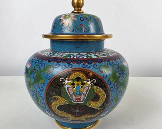 Lot #90 - Vintage Chinese Cloisonné Dragon Ginger Jar with Brass Finial