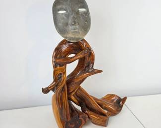 Lot #88 - Unique Hand-Carved Wooden Sculpture with Metal Mask Head