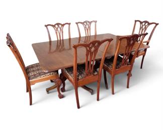 Lot #3 - Vintage Mahogany Duncan Phyfe Style Pedestal Dining Table with 6 Carved Chippendale-Style Chairs