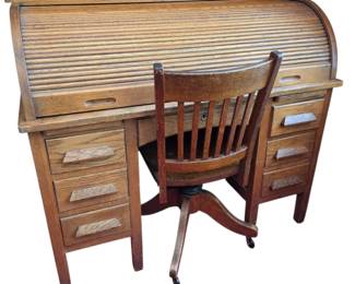 Lot #176 - Antique Oak Roll Top Desk with Swivel Chair Office Furniture