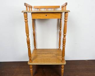 Lot #7 - Vintage Oak Wood Side Table with Built-in Drawer and Spindle Details