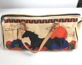 Lot #79 - Vintage El Paso Saddle Blanket Co Southwestern Canvas Roll Bag with Leather Handles Featuring Horse Sunset Design