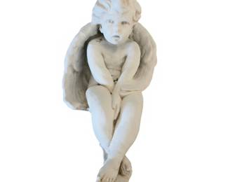 Lot #31 - Vintage White Cherub "Angel of Meditation" Sitting Stone Decor Statue with Detailed Wings