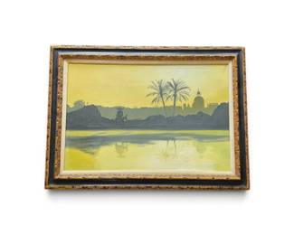 Lot #45 - Vintage Signed Monte Peters Oil Painting Landscape with Palm Trees and Water Reflection