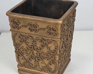 Lot #64 - Ornate Bronze-Style Decorative Planter or Trash Bin with Intricate Scrollwork Details
