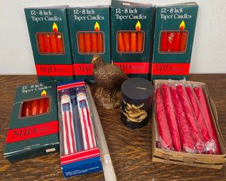 Lot #168 - 8 Inch Taper Candles, Patriotic Candles, Figural Bird Candle, & Black and Gold Chinese Dragon Pillar Candle