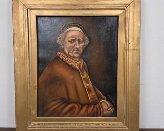 Lot #10 - Signed Antique Portrait Oil Painting by Vanenberg after Rembrandt's Self Portrait in Gilded Frame