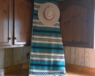 Lot #72 - Western Style Felt Hat with Turquoise and Red Stone Beaded Band/Necklace and Mexican Serape Blanket