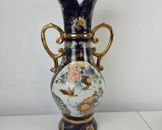 Lot #86 - Vintage Hand-Painted Floral Japanese Cobalt & Gilt Porcelain Vase w/ Birds & Flowers