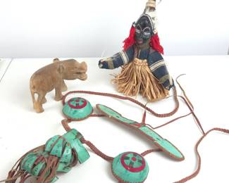 Lot #82 - African Folk Art Lot incl. Vintage Nigerian Leather Bridle, Dan Tribal Dancer Figure & Carved Wooden Hippo
