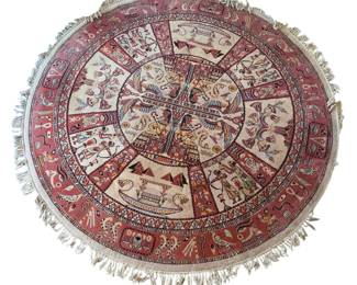 Lot #129 - Vintage Egyptian-Inspired Round Wool Area Rug with Hieroglyphic and Iconic Motifs