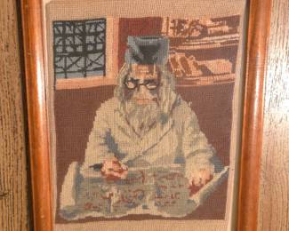 Lot #144 - Vintage Mid Century Judaica Gobelin Handcrafted Framed Needlepoint Art of Jewish Scholar or Rabbi With Torah Scroll