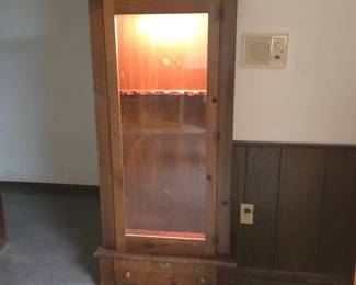 Lot #132 - Vintage Pine Wood Gun Display Cabinet with Glass Door and Built-in Lighting