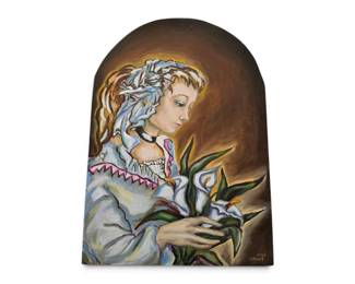 Lot #42 - Louis Recchia Original Oil Painting on Wood Panel Girl with Lilies Signed Artwork