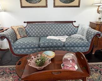 Empire sofa, butler’s tray coffee table, pair of framed horse paintings 