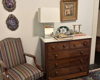 Marble top chest, Martha Washington chair