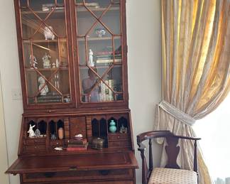 Inlaid drop front secretary, corner chair
