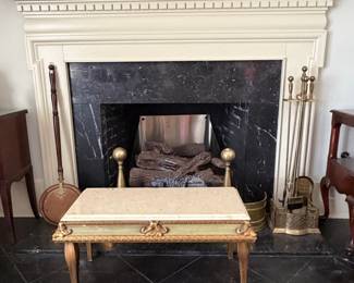 Pier mirror base, brass andirons, fire tools, brass fender