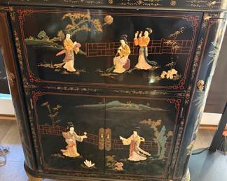 Vinatge Chinese Black Lacquer dry bar cabinet with mother of pearl inlay