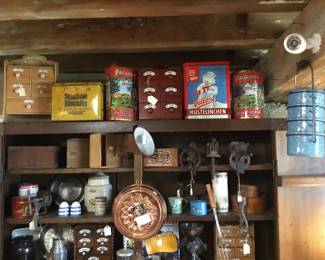301.  Spice cabinets, antique tins, kitchen tools and decor 
