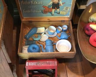 310.  Toy dishes, wooden advertising boxes