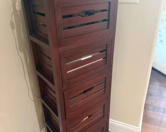Tall wood organizer w drawers 