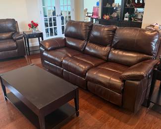 Ashley leather power recliners sofa and over sized chair- working! Nice dark wood coffee table/side tables