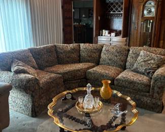 Baker brass glass mahogany scroll coffee table 