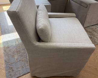 set of four RH Low Belgian Slipcovered Track Arm Dining Chairs with matching lumbar pillows,