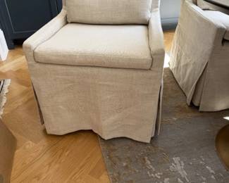set of four RH Low Belgian Slipcovered Track Arm Dining Chairs with matching lumbar pillows,