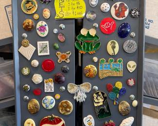 Vintage magnets, and magnets handmade by our team with vintage components sold at the thrift $1-$2 each