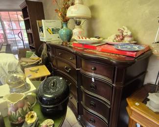 Serpentine Front Cherry Dresser, Graniteware, Lamp