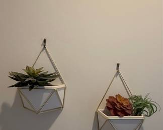 Geometric Hanging Wall Planters - White Ceramic with Gold Metal Frame