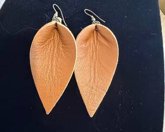 Tan Genuine Leather Leaf Drop Earrings