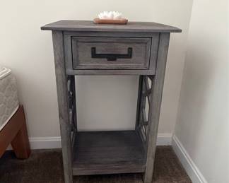 Farmhouse Grey Wood Nightstand with Lattice Side Panels