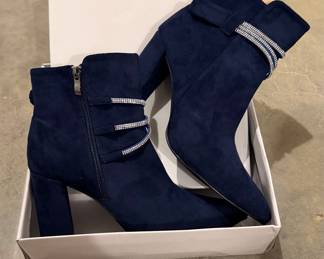 Navy Blue Suede Rhinestone Block Heel Ankle Boots