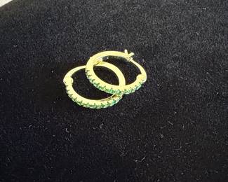Vintage Sterling Silver Hoop Earrings with Green Cubic Zirconia