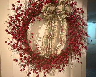 Vintage Red Berry Wreath with Truck and Tree Ribbon
