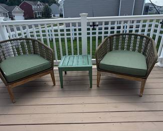 Outdoor Wood and Rope Chairs with Cushion (Set of 2) and Side Table
