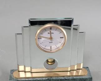 Lot 428 Vintage Bulova quartz glass and marble desk clock