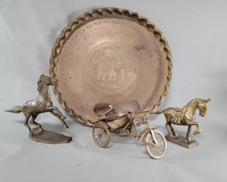 Lot 474 Brass horse figures, tricycle, round tray