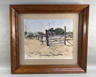Lot 258 Signed watercolor on rag paper in vintage walnut