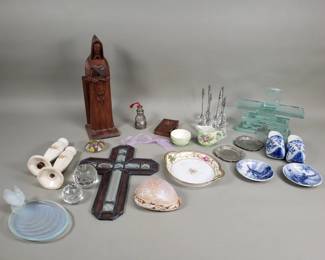 Lot 334 Box of glass cross, wood santo, ceramic salt and