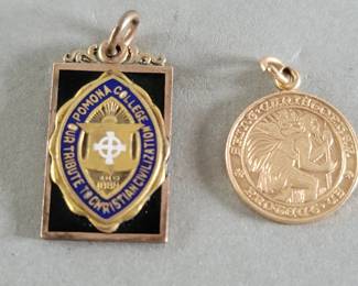 030 Lot 486 Pair of vintage 10k gold and enameled pendants
